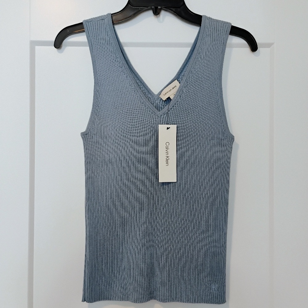 NWT L Calvin Klein Jeans Double V-Neck Light Blue Sleeveless Ribbed Knit Top NEW